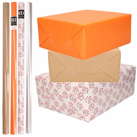 8x Rollen transparant folie/inpakpapier pakket - oranje/bruin/wit met hartjes 200 x 70 cm