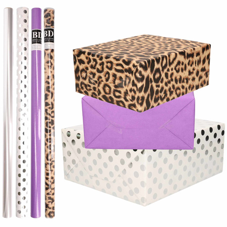 8x Rolls transparant foil/wrapping paper pack pantherprint/purple/white silver dots 200 x 70 cm