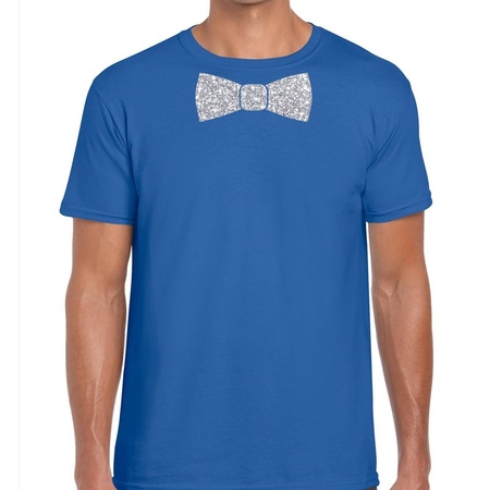 Blauw fun t-shirt met vlinderdas in glitter zilver heren
