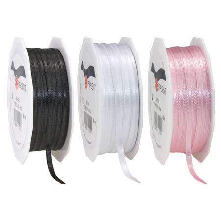 Gift deco ribbons set 3x rolls - black/pink/white - 3 mm x 50 meters - hobby/decoration/presents