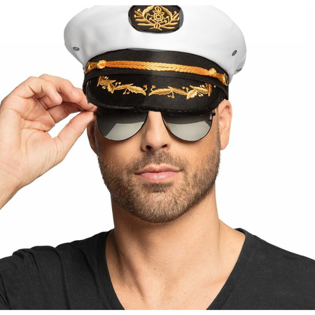 Carnaval ship captain hat in size 58 cm - with dark sunglasses - white - for men/woman