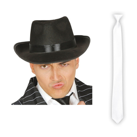 Carnaval verkleed set compleet - gangster/maffia hoedje met witte stropdas - volwassenen