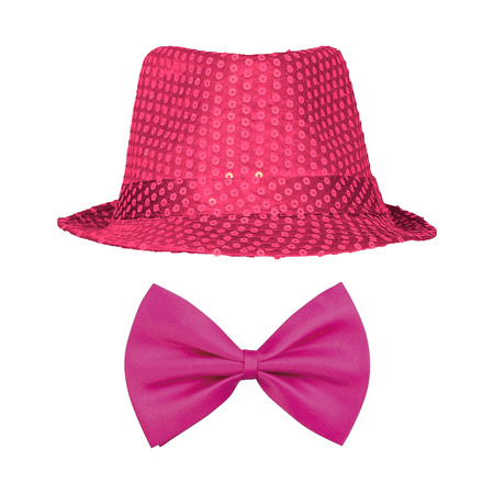 Toppers - Carnaval verkleed set compleet - hoedje en vlinderstrikje - roze - heren/dames - glimmend