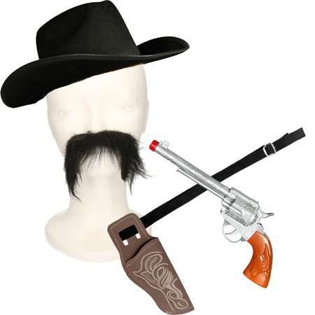 Carnaval set cowboy hat Omaha - black - holster and gun - for adults