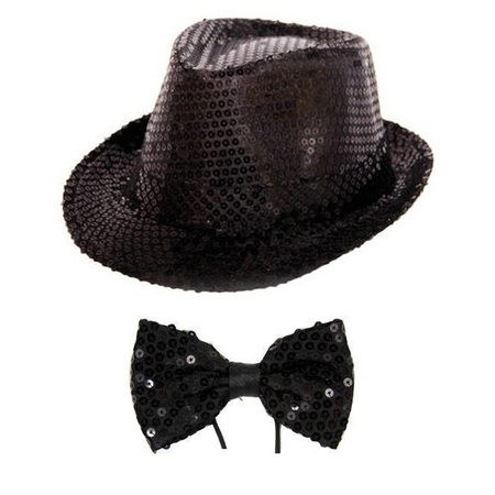 Toppers - Carnaval verkleed set glitter hoed en strikje zwart