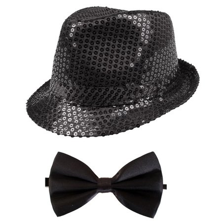 Toppers - Carnaval verkleed set glitter hoed en strikje zwart