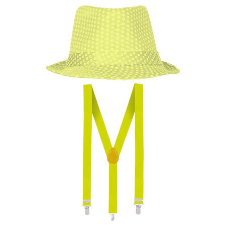 Carnaval verkleed set - hoedje en bretels - fluor geel - volwassenen