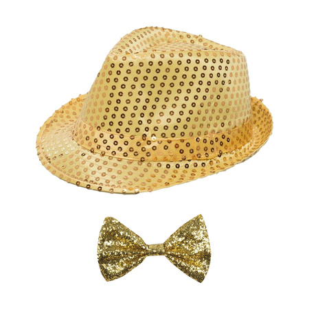Toppers - Carnaval verkleed set - hoedje en vlinderstrikje - goud - volwassenen - glitters