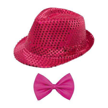 Toppers in concert - Carnaval verkleed set - hoedje en vlinderstrikje - roze - volwassenen - glitters