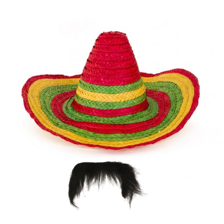 Party carnaval set - Mexican Somrero hat and moustache - coloured - for men