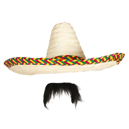 Carnaval verkleed set - Mexicaanse sombrero hoed met plaksnor - naturel - heren