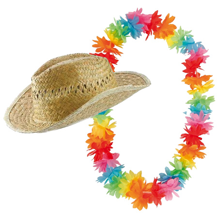 Carnaval verkleed set - Tropische Hawaii party - stro beach hoed - met gekleurde bloemenslinger