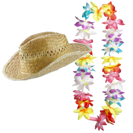 Carnaval verkleed set - Tropische Hawaii party - stro beach hoed - met LED gekleurde bloemenslinger