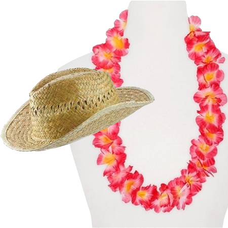 Carnaval set - Tropical Hawaii party - straw beach hat - and pink flowers guirlande