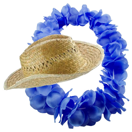 Carnaval verkleed set - Tropische Hawaii party - stro beach hoed - met volle bloemenslinger blauw