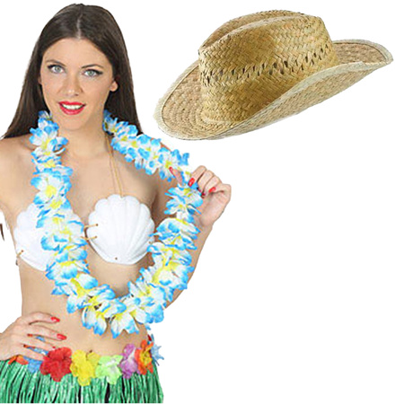 Carnaval verkleed set - Tropische Hawaii party - stro beach hoed - met volle bloemenslinger blauw