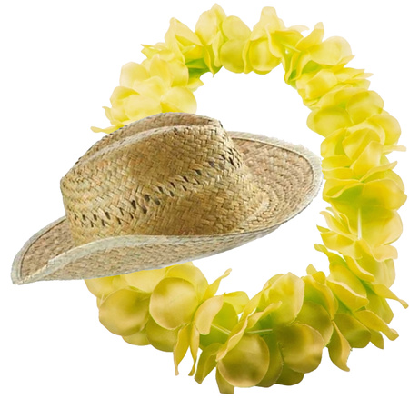 Carnaval verkleed set - Tropische Hawaii party - stro beach hoed - met volle bloemenslinger geel