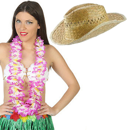 Carnaval verkleed set - Tropische Hawaii party - stro beach hoed - met volle bloemenslinger paars