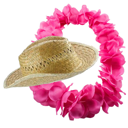 Carnaval verkleed set - Tropische Hawaii party - stro beach hoed - met volle bloemenslinger roze