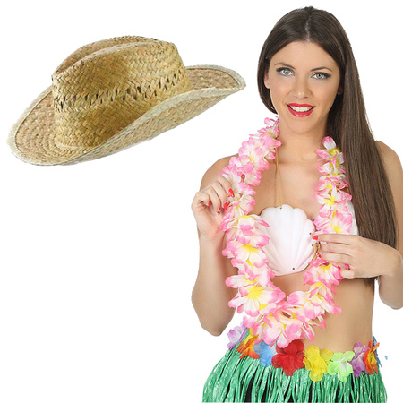 Carnaval set - Tropical Hawaii party - straw beach hat - and flower guirlande pink