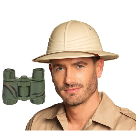 Carnaval jungle helmet/hat - beige - with small binoculars - for adults