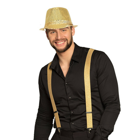 Carnaval fashion set Partyman - Trilby glitter hat and suspenders - gold - for men/woman