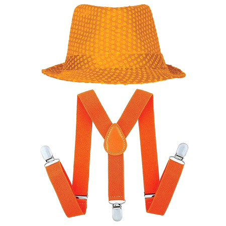 Carnaval fashion set Partyman - Trilby glitter hat and suspenders - orange - for men/woman