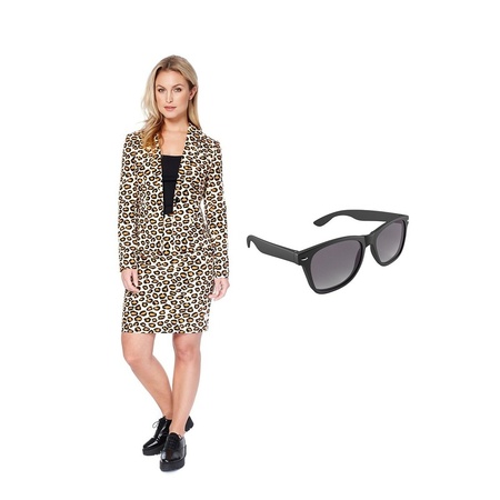 Dames mantelpak luipaard print maat 34 (XS) met gratis zonnebril