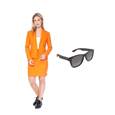 Dames mantelpak oranje maat 42 (XL) met gratis zonnebril
