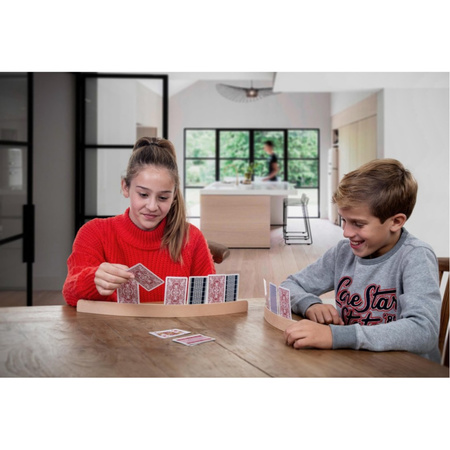 2x stuks Speelkaarthouders hout 35 cm inclusief 54 speelkaarten rood