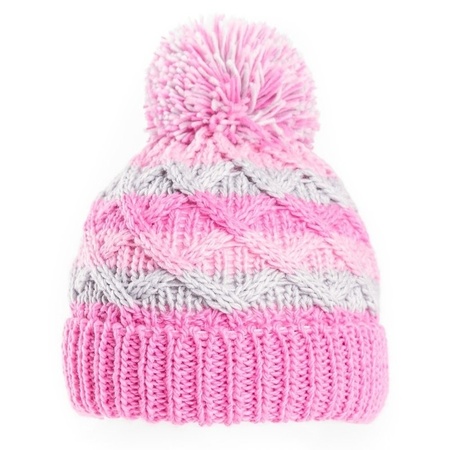 Knitted winter bobble hat pink/grey for babies