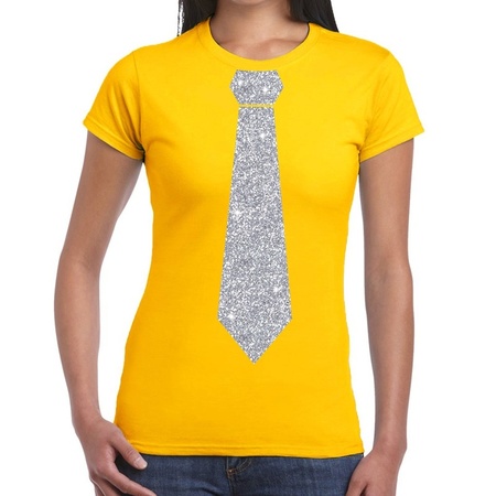 Yellow t-shirt with tie in glitter silver women 