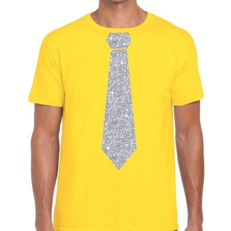 Geel fun t-shirt met stropdas in glitter zilver heren