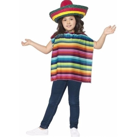 Gekleurde Mexicaanse verkleed poncho en sombrero voor kinderen