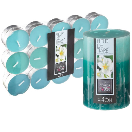 Tiare flower scented candle set with 1x pillar candle and 30x tea lights 