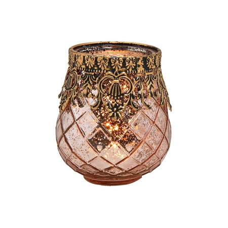 Glass design windlight/candle holder rose gold 9 x 10 x 9 cm