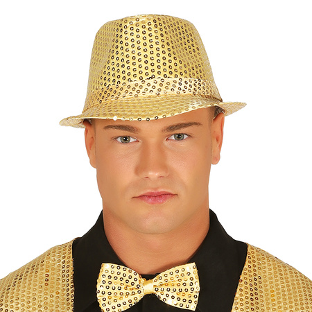 Carnaval verkleed set - hoedje en bretels - goud - heren/dames - glimmend