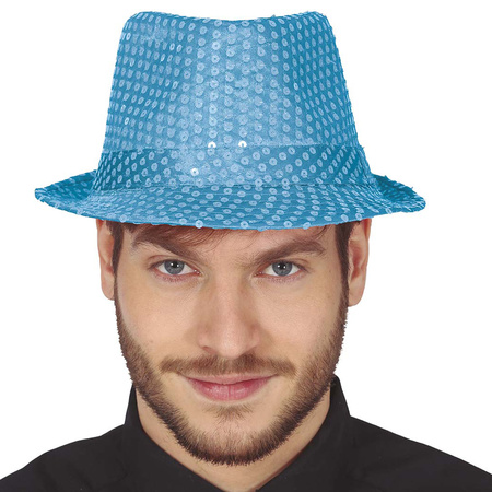 Toppers - Carnaval verkleedset Partyman - glitter hoedje en bretels - lichtblauw - heren - verkleedkleding