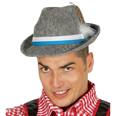 Grey Tyrolean hat with feather dress up accessory for adults
