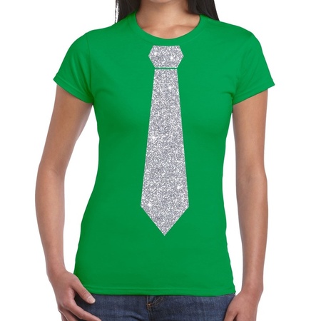 Groen fun t-shirt met stropdas in glitter zilver dames