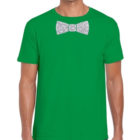 Groen fun t-shirt met vlinderdas in glitter zilver heren