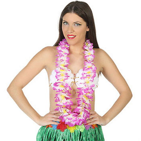 Carnaval verkleed set - Tropische Hawaii party - stro beach hoed - met volle bloemenslinger paars