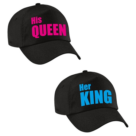 Her King / His Queen zwarte petten blauw/roze tekst volwassenen