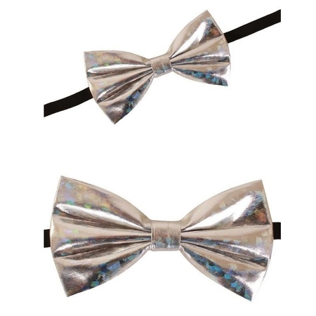 Holographic silver fancy dress bow tie 13 cm for women/men