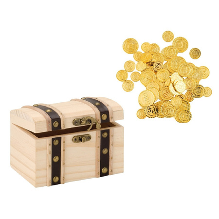 Houten piraten schatkist 17 x 12.5 cm met 100x plastic gouden piraten geld munten