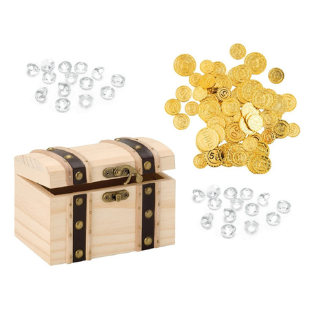 Houten piraten schatkist 17 x 12.5 cm met diamanten en 100x plastic gouden piraten geld munten