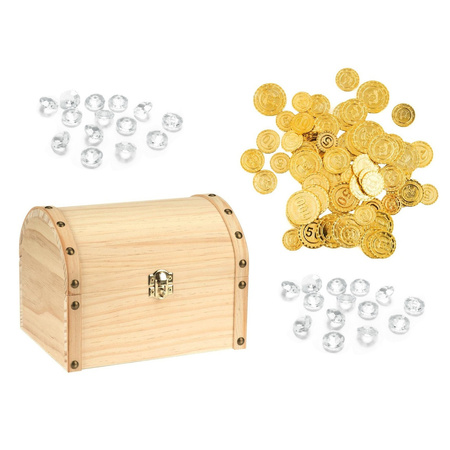 Houten piraten schatkist 20 x 15 cm met 100x plastic gouden piraten geld munten en diamanten