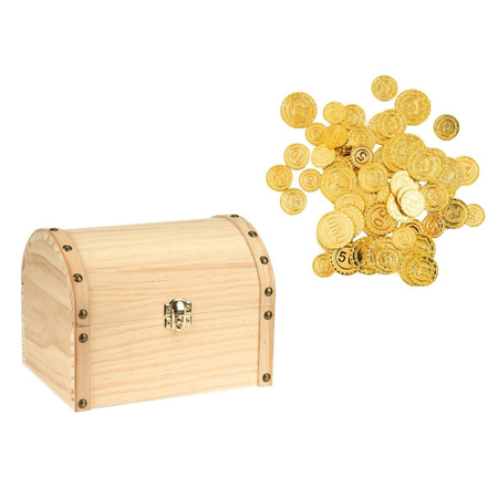 Houten piraten schatkist 20 x 15 cm met 100x plastic gouden piraten geld munten