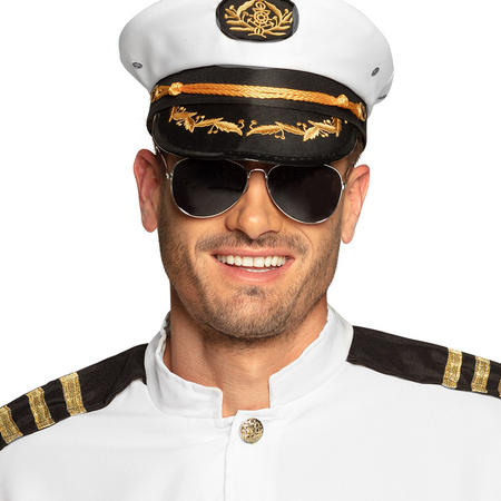 Carnaval ship captain hat in size 59 cm - with dark sunglasses - white - for men/woman
