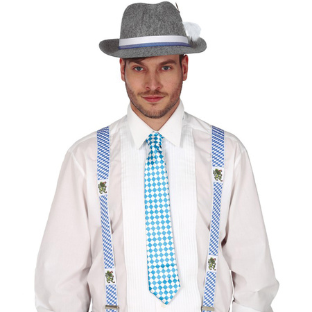 Oktoberfest verkleed set - bretels/stropdas/hoed - blauw/wit - volwassenen - carnaval